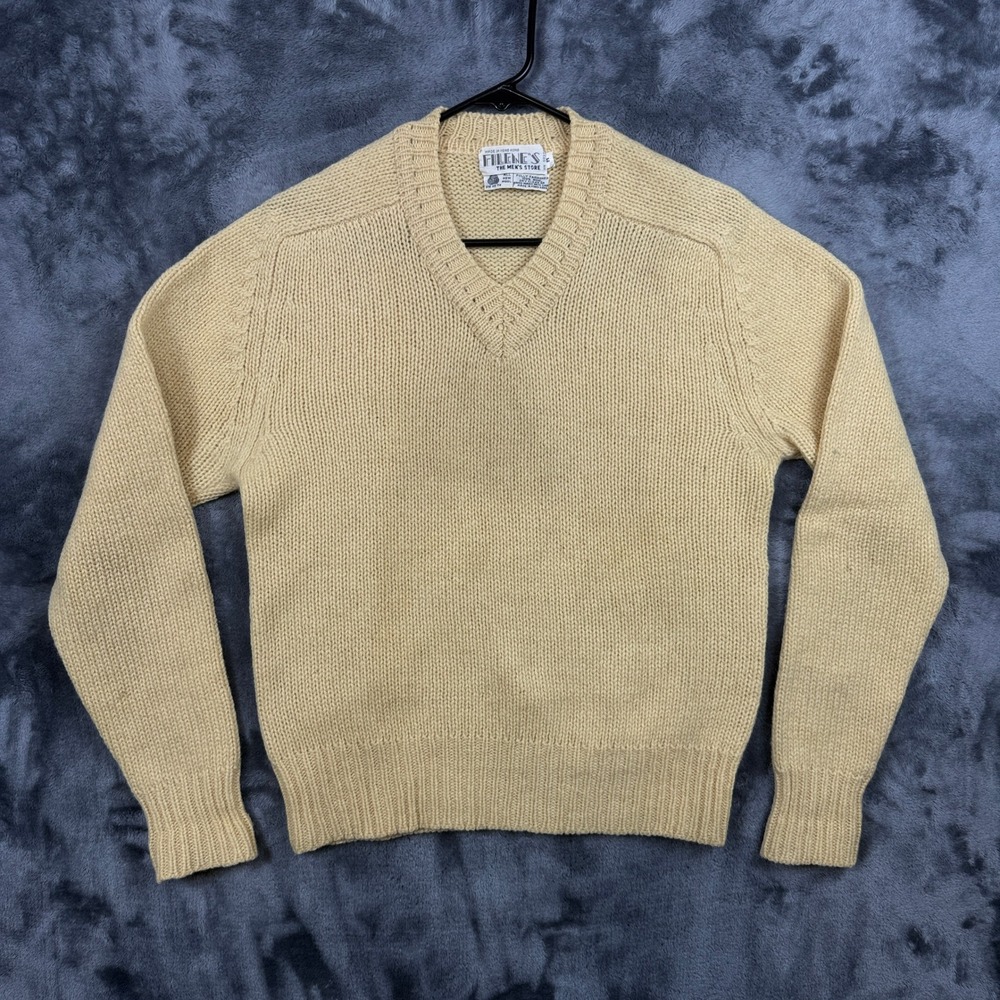 Filene's V-Neck Sweater Mens Medium Cream Vintage 100% Wool Chunky Knit Pullover